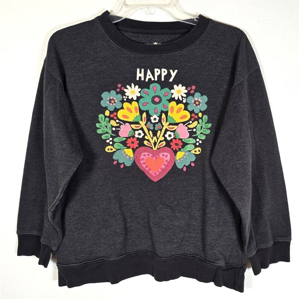 Natural Life Sweatshirt Women's S Gray Happy Floral Boho Beachy Summer Casual